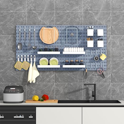 Pegboard Combination Kit, 8 Peg Boards and 30 Accessories Modular Hanging Black Pegboard for Walls, Office Wall Organizer, Keys Holder on Wall, Nursery Storage, 44"x22" Blue