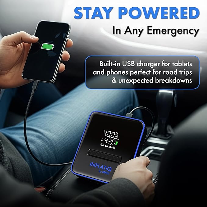 INFLATiQ by RIMiQ Tire Inflator Blue - Powerful, Award-Winning QWIKFLOW Technology with 2 Portable Power Options Included - Strong Vehicle Air Pump for Trucks, Cars, Motorcycles, Bicycles, Balls