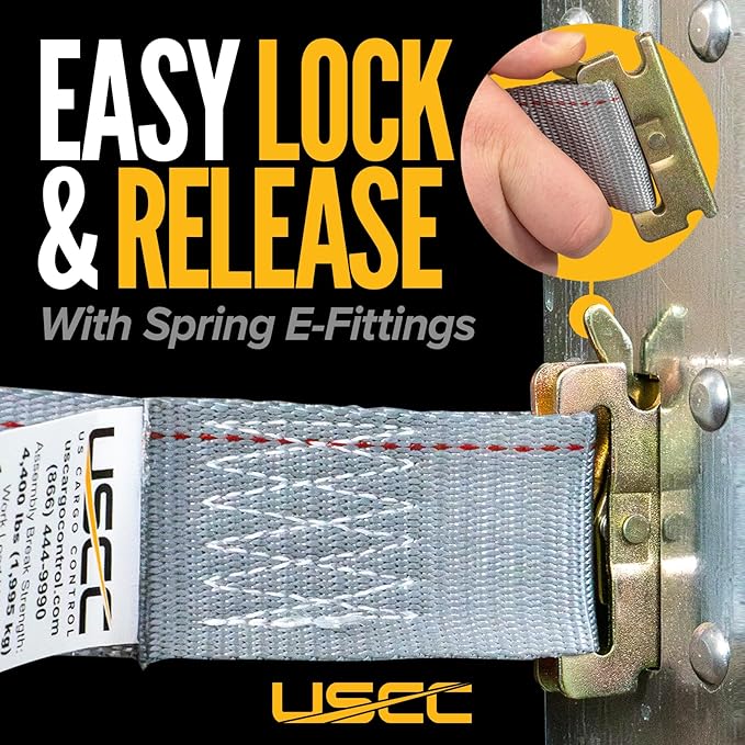 US Cargo Control Double-Fitted E Track Straps 2" x 16' (640-Pack), 4,400 LBS Break Strength, Gray Heavy Duty E Track Ratchet Straps with 3 Spring E-Fittings, Versatile 2-in-1 Logistic Tiedowns