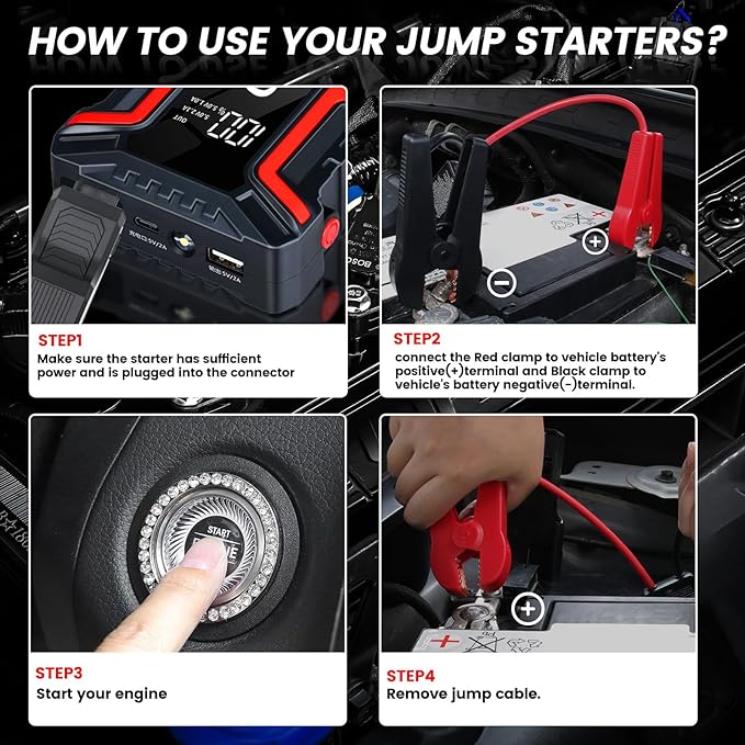 3000A Car Jump Starter Battery Pack (Up to 9.0L Gas and 7.0L Diesel Engine), 12V Car Charger Jump Starter Portable Battery Jump Starter with Power Bank