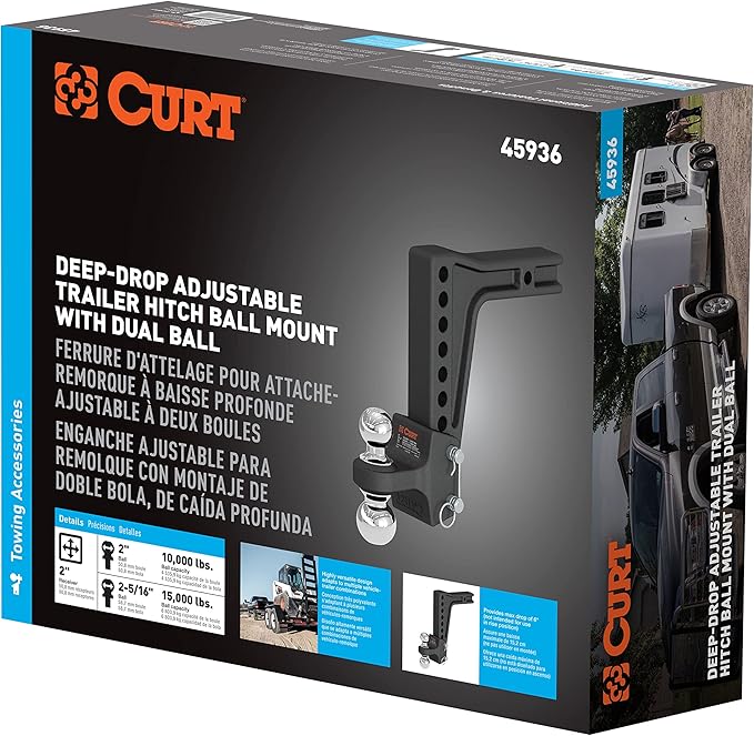 CURT 45936 Deep-Drop Adjustable Trailer Hitch Ball Mount with Dual Ball, 2" Shank, Up to 15,000 lbs