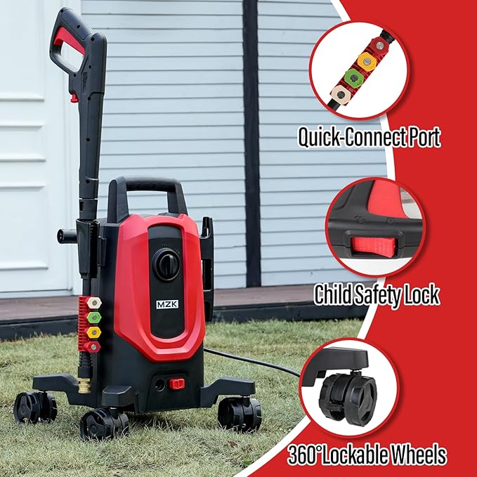 MZK Pressure Washer, Power Washer with Anti-Tipping Technology, 4 Wheels, 4 Quick Connect Nozzles, Foam Cannon, for Cars, Fences, Driveways, Patios, Home & Outdoor Cleaning - Deep Red