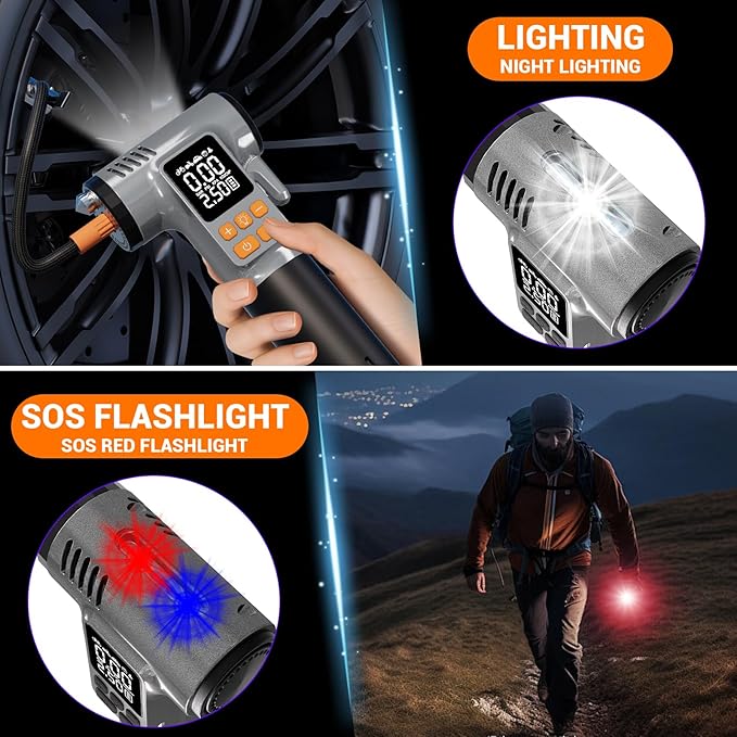 Gardon Tire Inflator Portable Air Compressor - 8 in 1 Air Pump, Window Breaker, Seatbelt Cutter, Ball Pump, Bike Pump, Digital Tire Pressure Gauge, SOS, Flashlight, Tech Gadgets Car Accessories