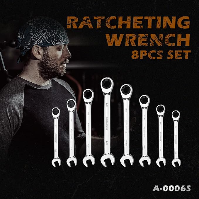 Ratcheting Wrench Set, 8-piece, SAE Wrench Set 5/16" to 3/4", 72-Teeth Gear CR-V Steel Mirror Polished, with Carrying Bag For Auto Repair