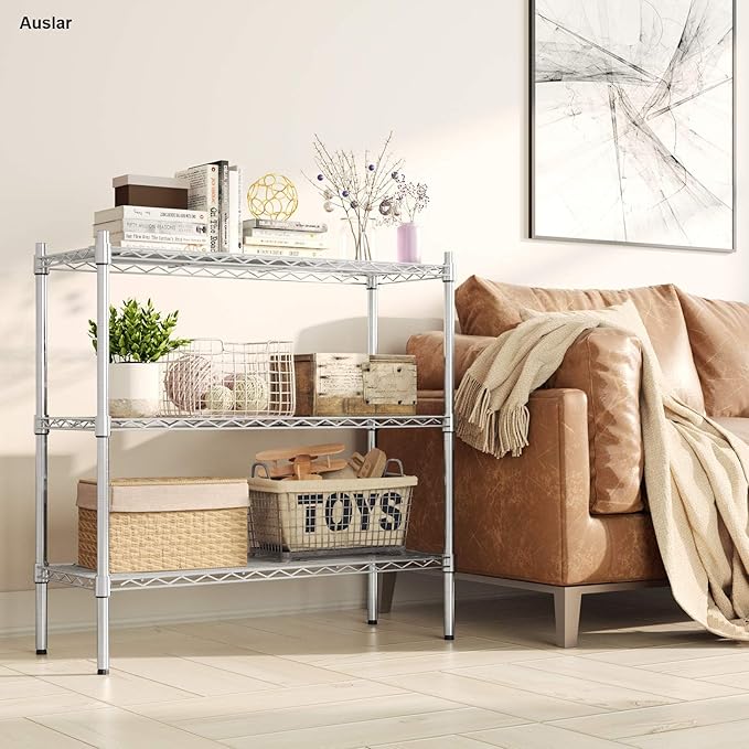 Auslar 3-Shelf Storage Wire Shelves Heavy Duty 3 Tiers Standing Shelving Units Adjustable Metal Organizer Wire Rack, Chrome