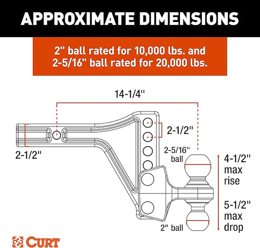 CURT 45937 HD Adjustable Hitch Ball Mount with Dual Ball, 2-1/2" Shank, Up to 20,000 lbs