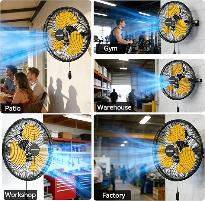 2PCS 12 Inch High Velocity Wall Mount Fan, 2800 CFM Heavy Duty Metal Commercial Wall Fan 360° Tilt & Pull Chain for Garage, Workshop, Gym & Covered Patio