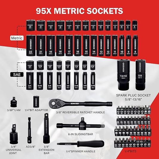 Socket Set 3/8" Drive Impact 95-Piece 6 Point Deep, Standard SAE and Metric CR-V Steel Sockets with Drive Ratchet Handle and Security Bits (3/8" 95 PCS Socket Set,Metric and SAE)