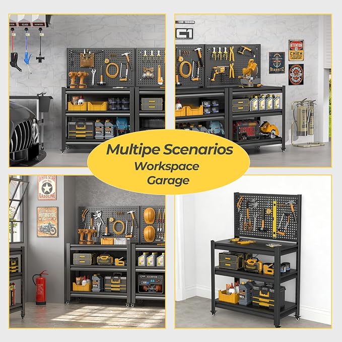 Work Bench with Pegboard,Heavy Duty Workbench with Wheels Adjustable Shelves,Tool Cart,Work Table for Garage Warehouse47.2 H*33.46" W*18" D