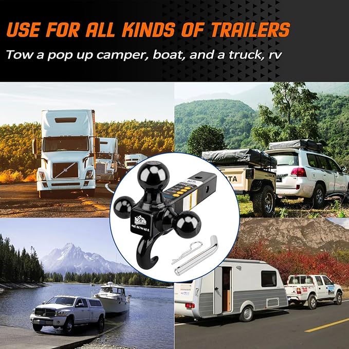 MEOTWARE Trailer Hitch Tri-Ball Mount with Hook - Heavy Duty Trailer Ball Size 1-7/8", 2" and 2-5/16", Fits 2 Inch Receiver Pickup Truck Hitch Receiver Pin and Clip Included