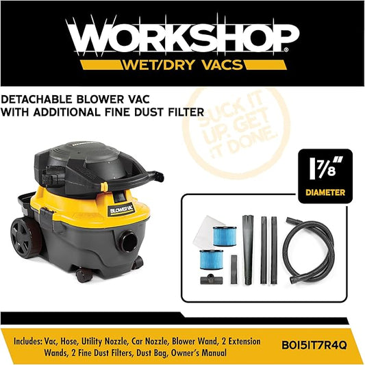 WORKSHOP Wet/Dry Vacs Shop Vacuum WS0400DE 4-Gallon 6.0 Peak HP Portable Wet Dry Vacuum Cleaner with Detachable Leaf Blower, Filters, Bag, Hose and Attachments for Indoor/Outdoor Cleaning and Blowing