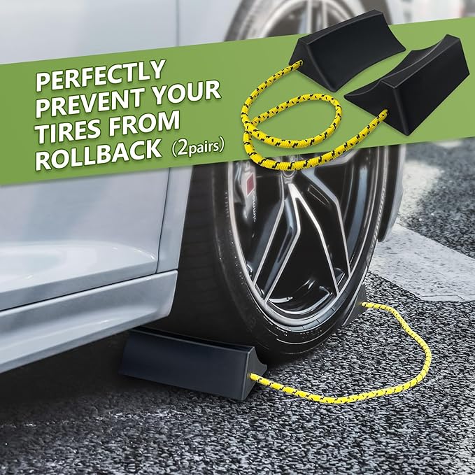 ROBLOCK Upgrade Wheel Chocks for Lightweight Travel Trailer Light Truck Car Tractor, Sturdy Simple Easy to use,Tires Light Block Stopper Chock with Nylon Rope Yellow Reflective Tape (4pack)