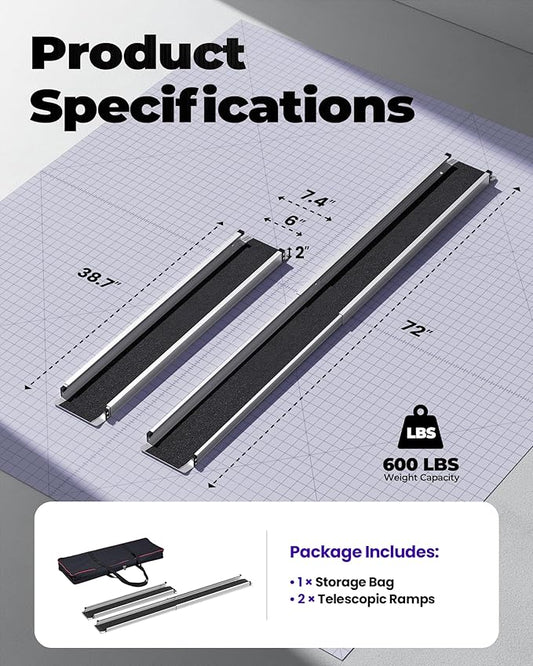 Adjustable Wheelchair Ramp 6FT Telescoping Portable Ramps for Steps Aluminum Lightweight Ramp with Storage Bag Non-Skid Ramps for Wheelchair for Home 72" L x 7.4" W 600lbs Capacity (2 Pack)