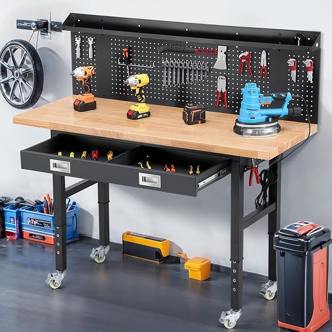 ENJOYWOOD 60" x 22'' Garage Workbench with Wheels Adjustable Height Rubberwood Work Table with Drawers, Pegboard, Power Outlets & LED Light Heavy Duty Rolling Workbench for Workshop & Home