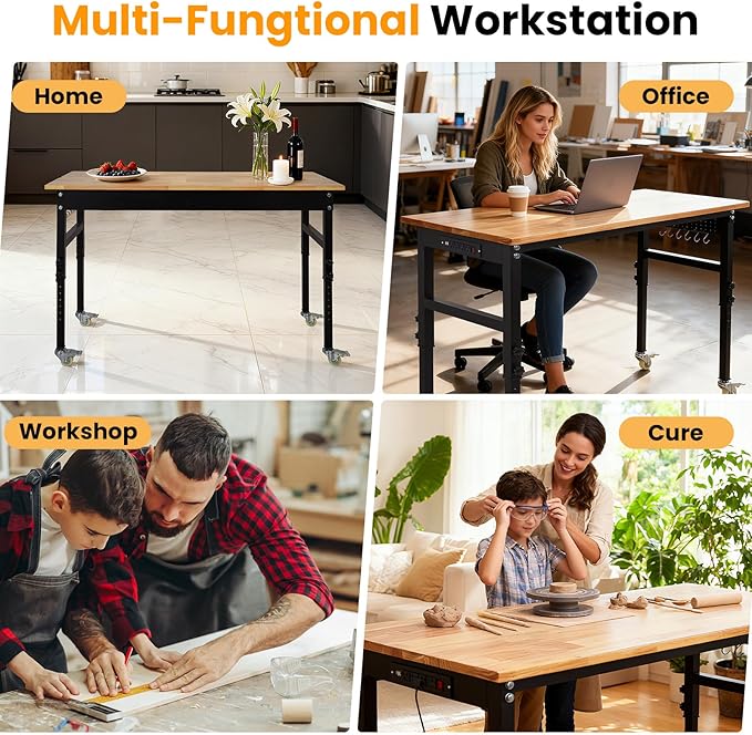 70" Heavy Duty Adjustable Workbench, 2000 LBS Capacity Sit Stand Workstation with Power Outlet, Pegboard & Wheels | Rubber Wood Top Garage Table with Stick-on Ruler