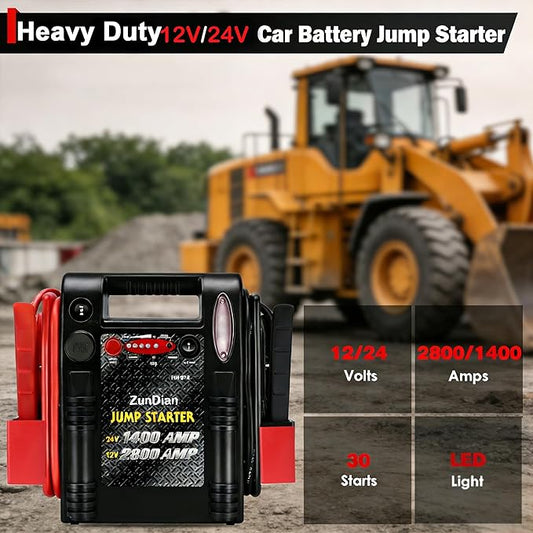 12V/24V Jump Starter - ZunDian 2800/1400 Amp Heavy Duty Jump Box, Works with Truck Tractor Excavator Automotive Engine Starter Battery Charger Booster Jumper Box with USB/DC Power Unit