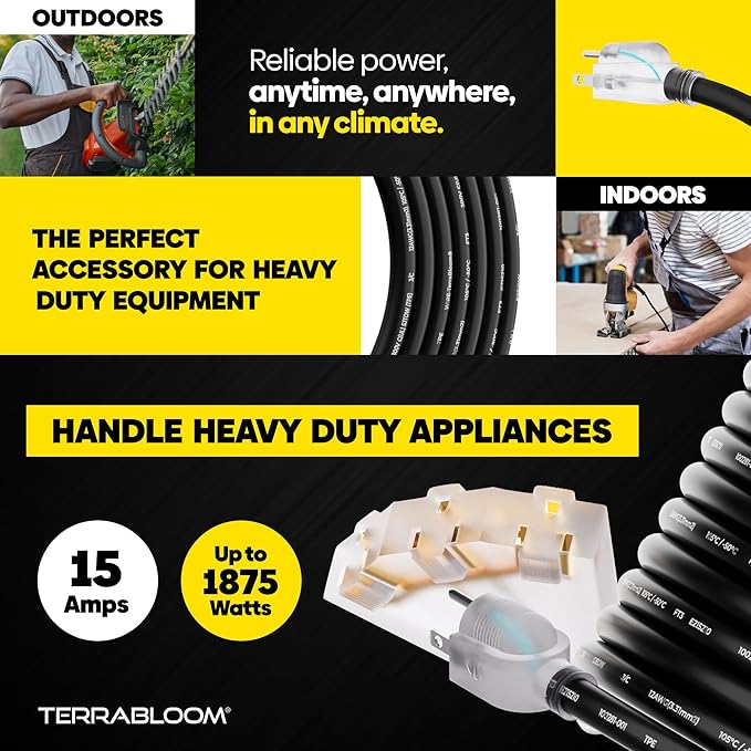 TerraBloom 12/3 Heavy Duty Extension Cord 50 FT Outdoor - Black Outdoor Extension Cord Multiple Outlet - Ultra-Flexible SJEOW Rubber, Light Indicator, Triple Outlet for Maximum Efficiency - 15 Amp