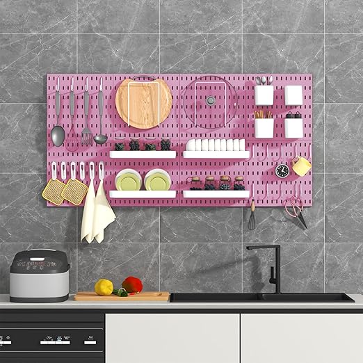 Pegboard Combination Kit, 8 Peg Boards and 30 Accessories Modular Hanging Black Pegboard for Walls, Office Wall Organizer, Keys Holder on Wall, Nursery Storage, 44"x22" Pink