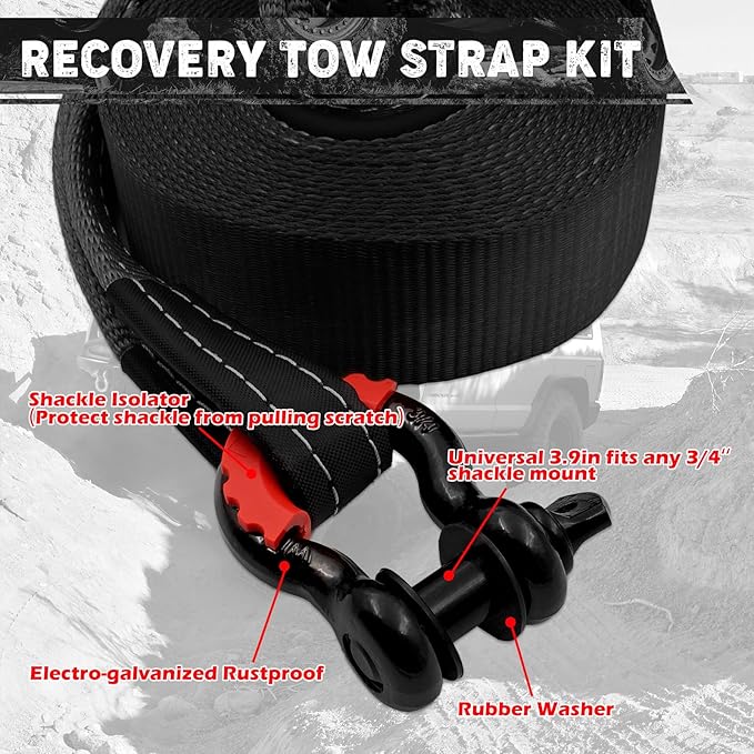 Offroad Recovery Kit, Tree Saver Tow Strap 3'' × 8ft Recovery Strap, 1pcs Hitch Receiver, 2pcs 3/4" D-Ring Shackles with Storage Bag for Truck Jeep SUV ATV