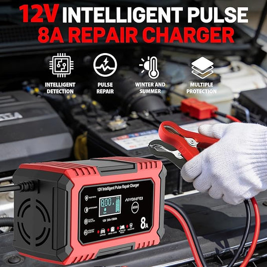 12V 8A Battery Charger, Smart Trickle Charger & Battery Maintainer, Desulfator, Temperature Compensation for LiFePO4, Lead Acid, AGM, Gel, EFB, VRLA, Car, Truck, Motorcycle, Boat (Red)
