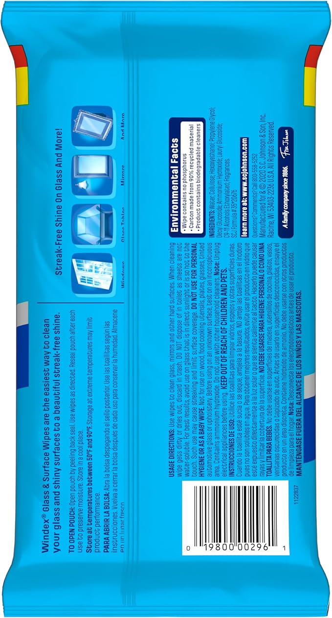 Windex Wipes Glass Cleaning, Pre-Moistened Glass and Surface Wipes to Clean Home Surfaces, Household Essentials, Original Scent, 38 Count (Pack of 1)