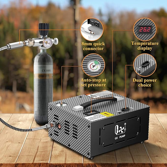 GX PUMP PCP Air Compressor CS1-I with Built-in Power Apdater,Auto Stop,Oil & Water-Free,4500Psi/30Mpa,Powered by 110V /220V AC or 12V DC,PCP Compressor Pump for Air Gun and Paintball/Scuba Tank