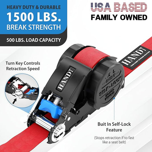 USA Based Retractable Ratchet Straps (2PK) 1in x 16ft - 1,500lb Break Strength, Heavy Duty Automatic Ratchet Straps Self Retractable Tie Down, Push Button Retracting Truck Trailer Cargo | Red