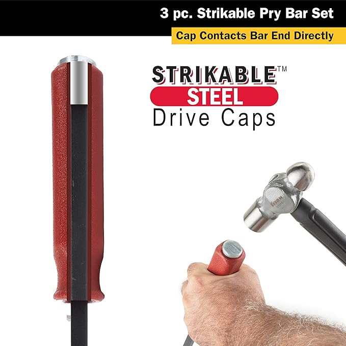TEKZ 17113 3-Piece Angled Tip Pry Bar Set with Strike Cap Handle