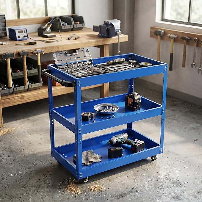 3 Tier Rolling Tool Cart with Wheel - Heavy Duty Metal Utility Shop Carts Organizer Mobile Tool Storage Service Small Work Cart for Maintenance Garage Mechanics Industrial