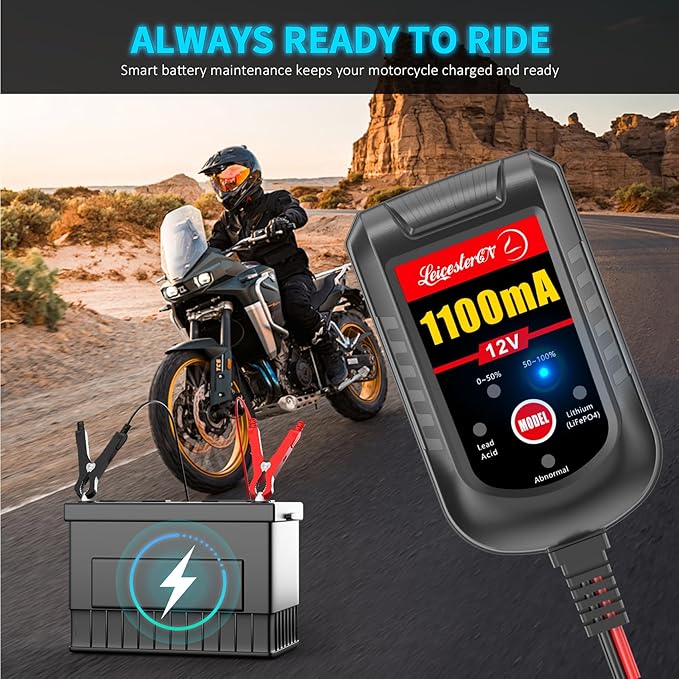 4 Pack Motorcycle Battery Charger 12V 1.1Amp, Smart Trickle Charger and Maintainer - Automatic Float Charger for Cruiser Sport Bike ATV Scooter Dirt Bike Lawn Mower, LiFePO4 Lead Acid AGM Gel
