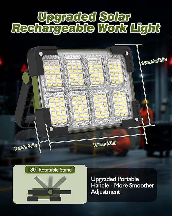 120W Solar Rechargeable Work Light, Portable Flood Light with Stand, 144 LED 10000LM Led Work Light with 4 Modes, IP66 Waterproof Outdoor Working Light for Emergency Repair Mechanic Camping