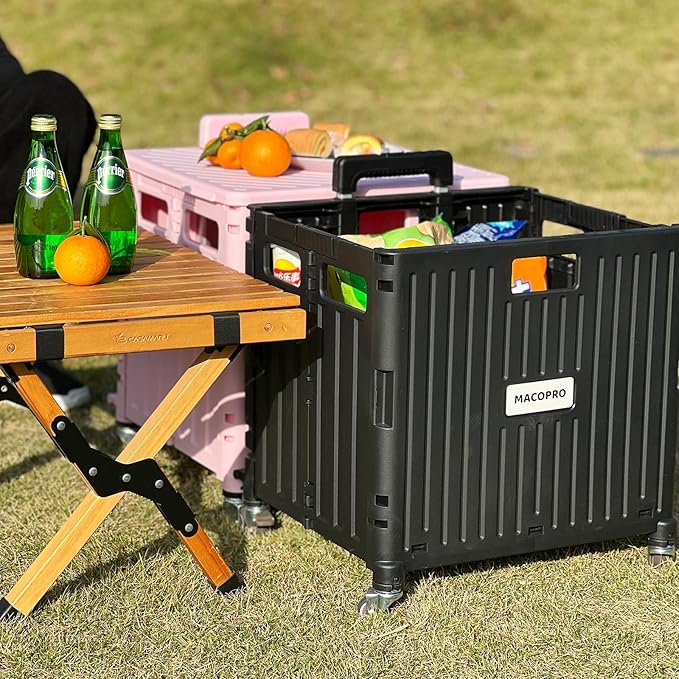 MACOPRO Folding Utility Cart Portable Rolling Crate Handcart Shopping Trolley Collapsible Tool Box, with Lid, Basket on 4 Rotate Wheels, for Grocery, Office, Luggage, Teacher (Black)