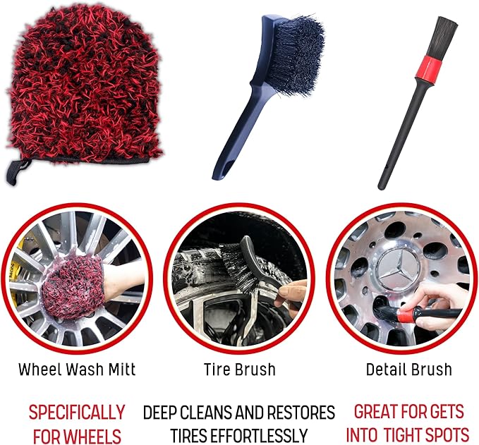 oesee Metal Free Microfiber Wheel Brush Kit- Microfiber Angled Wheel Brush, Long Handle Wheel Brush, Tire& Detailing Brush, Wheel Wash Mitt. Hands-On Wheel Detailing Kit for Daily Wheel Cleaning