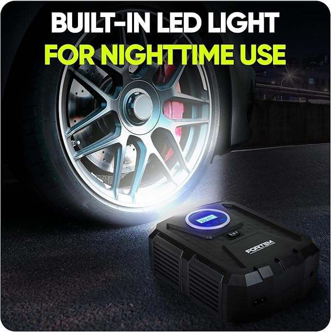FORTEM Tire Inflator Portable Air Compressor, Air Pump for Car Tires and Bikes, Car Tire Pump w/Auto Shut Off, 150 PSI, 110V AC 12V DC, LED Light, Carrying Case, for Men, Women