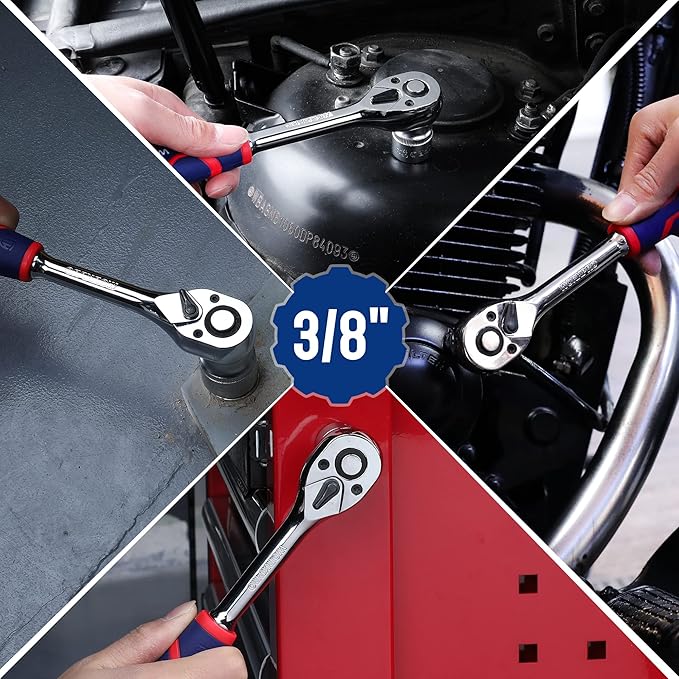 WORKPRO 3/8-Inch Drive Ratchet Wrench, 72-Tooth Reversible Ratchet, Quick-Release 3/8 Drive Ratchet Handle, CR-MO Head, Chrome Plated Finish