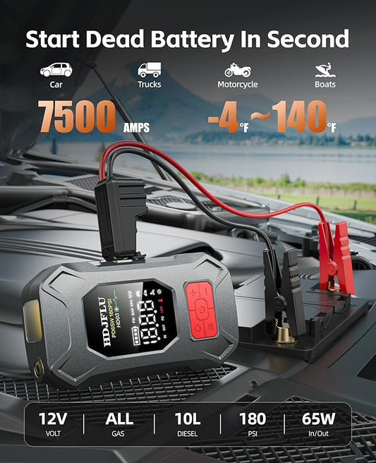 7500A Jump Starter with 180PSI Air Compressor, 24000mAh Car Battery Jump Starter(All Gas/10.0L Diesel), 65W Fast Charge, 10-in-1 Portable Auto Tire Inflator, Cigarette Lighter, Jumper Cable, LED Light