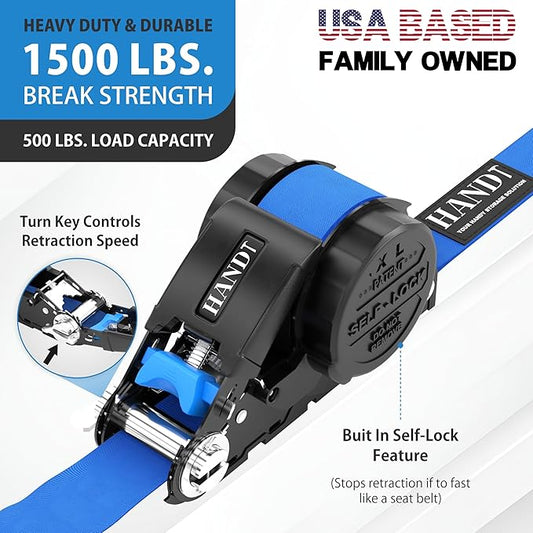USA Based Retractable Ratchet Straps (2PK) 1in x 16ft - 1,500lb Break Strength, Heavy Duty Automatic Ratchet Straps Self Retractable Tie Down, Push Button Retracting Truck Trailer Cargo | Blue