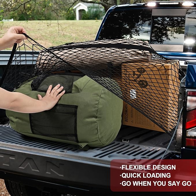 Cargo Net for Pickup Truck Bed - Heavy Duty Stretchable 4x4 to 8x8 Elastic Mesh with 8 Heavy-Duty Steel Hooks, Windproof Design Secures Loose Items for Trucks, SUVs, ATVs & Boats