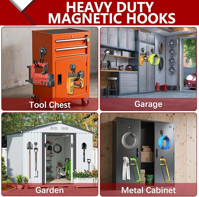 3-H Heavy Duty Magnet Garage Hooks 2 Pack, J Shape Strong Magnetic Hooks for Hanging Cordless Power Drill, Utility Magnetic Tool Holder for Metal Cabinet, Steel Pegboard, Toolbox, Garage(Black)
