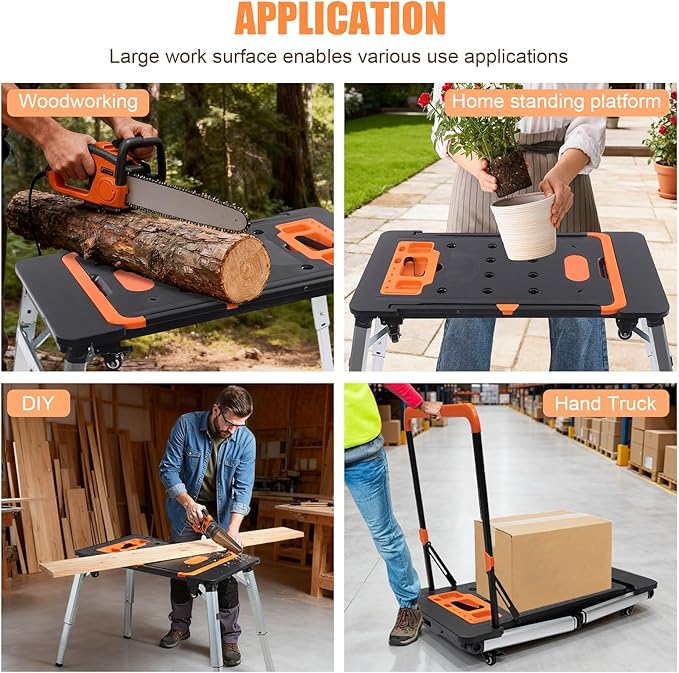 7 in 1 Work Benches Multifunctional Folding Work Table for Garage, Portable Workbench, Sawhorse, Scaffold, Platform, Mobile Workbench, Dolly and Hand Truck with 4 Wheels