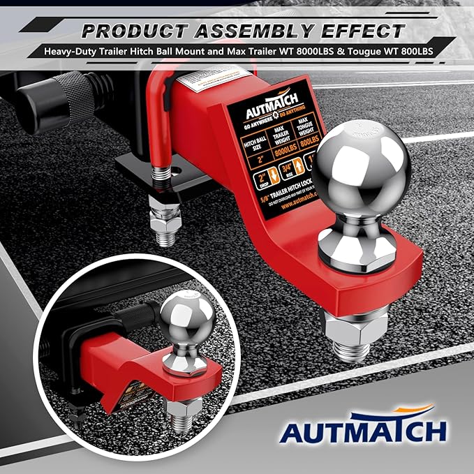 AUTMATCH Trailer Hitch Ball Mount with 2 Inch Hitch Ball - Fits 2" Receiver with Hitch Tightener, 8000Lbs Capacity Ball Hitch, 2-Inch Drop with 5/8" Hitch Lock Pin, Red