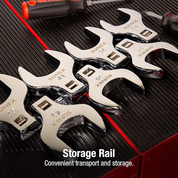 Sunex Tools 9740A 1/2-Inch Drive Jumbo Metric Crowfoot Wrench Set, 34mm - 46mm, Fully Polished, 7-Piece (Includes Storage Rail)