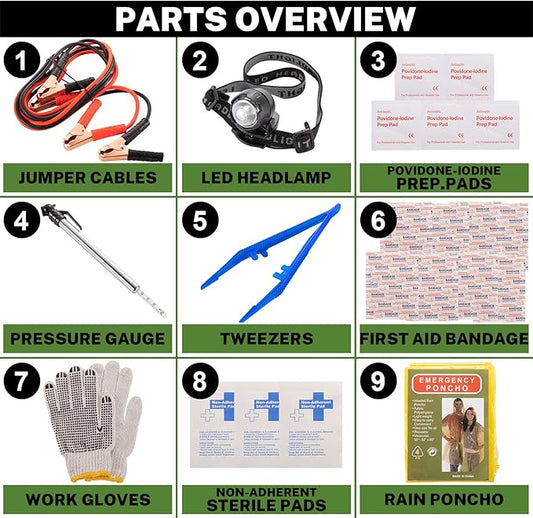 Car Roadside Emergency Kit with Battery Jumper Cables,Car Accessories for Men or Women,Automotive Safety Kit for Car,Vehicle, Truck or SUV,Gifts for Men or Him, Blue