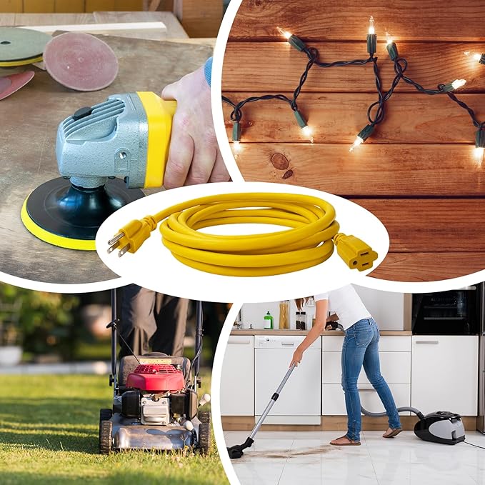 50 ft Outdoor Indoor Extension Cord - 12/3 SJTW 15 AMP Heavy Duty Yellow Extension Cable with 3 Prong Grounded Plug - Power Cord for Lawn, Garden, Appliances
