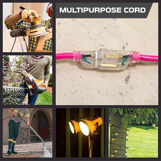 Iron Forge Cable Weatherproof 50 Ft Outdoor Extension Cord - 16/3 SJTW 13 Amp Heavy Duty Neon Pink Extension Cord 3 Prong - Lighted End