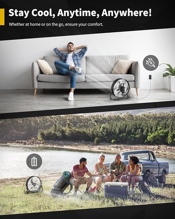 15600mAh Rechargeable Battery Operated Floor Fan, 12 inch Black Industrial High Velocity Drum Fan, Camping Fan for Gym Garage Outdoor Indoor, AI-F600