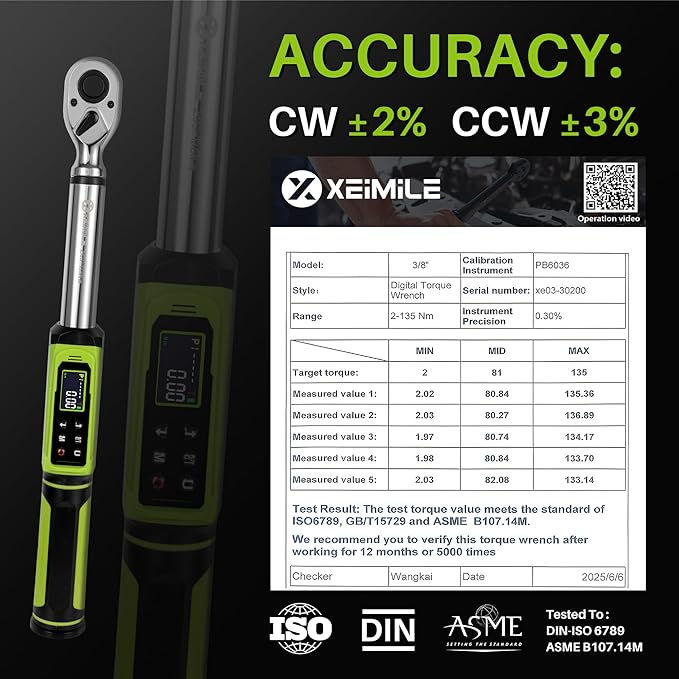Digital Torque Wrench 3/8"Drive-1.5-99.6Ft.Lb/2.03-135N.m, Electric Torque Wrench With Dual Direction Vibration Buzzer LED Indicator,±2% Accuracy Five Units for Bike Motorcycle Car Auto Repair