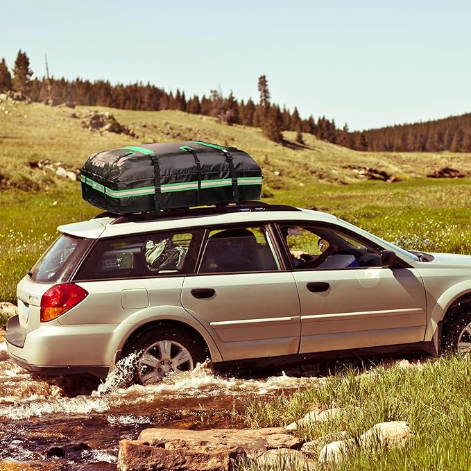 Car Rooftop Cargo Carrier Bag, Waterproof 21 Cubic Feet Car Roof Luggage Carrier for All Vechicles with/Without Racks, Includes Anti-Slip Mat, 8 Reinforced Straps, 6 Door Hooks, Luggage Locks (Green)