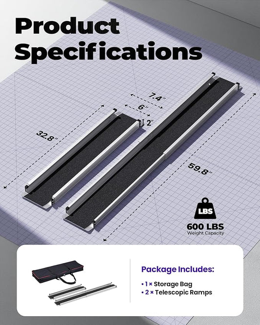 Adjustable Wheelchair Ramp 5FT Telescoping Portable Ramps for Steps Aluminum Lightweight Ramp with Storage Bag Non-Skid Ramps for Wheelchair for Home 60" L x 7.4" W 600lbs Capacity (2 Pack)