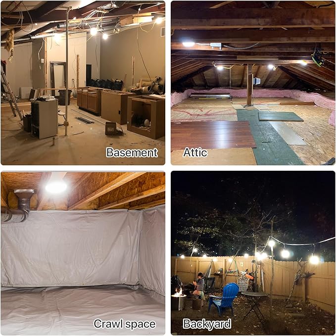 100FT Construction String Lights: 100W Led Construction String Lights with 10 Bulbs & Hooks, IP65 Attic Lighting 5000K Linkable Hanging Work Light for Crawlspace, Basement, Backyard